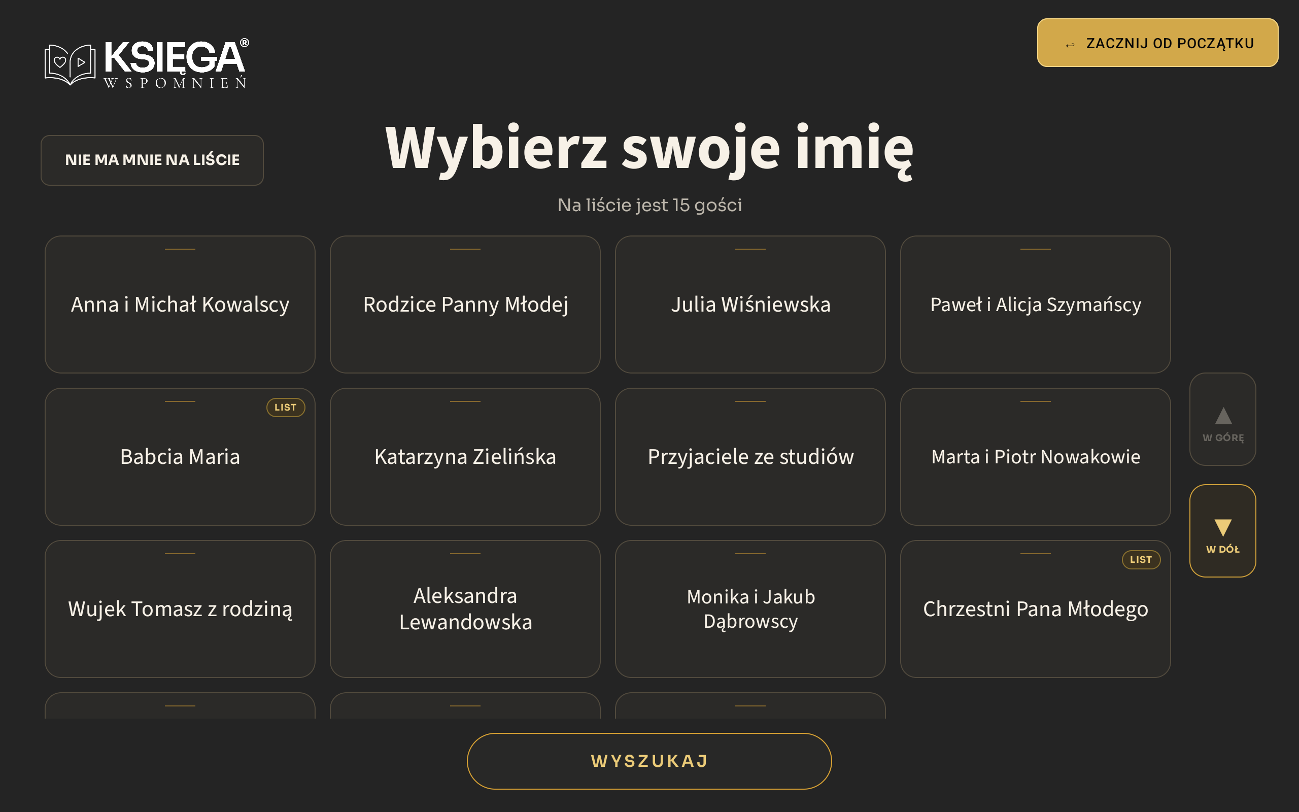 Aktualny ekran Księgi Wspomnień® z przykładową listą gości
