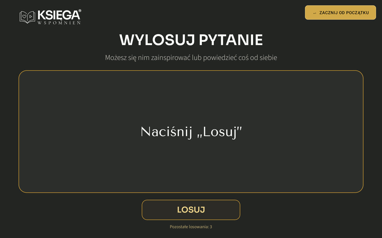 Aktualny ekran Księgi Wspomnień® z losowaniem pytania